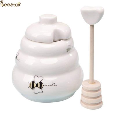 Bal depolama için ahşap kepçe ile toptan Beyaz Boş Bal Kavanozu Seramik Bal Potası