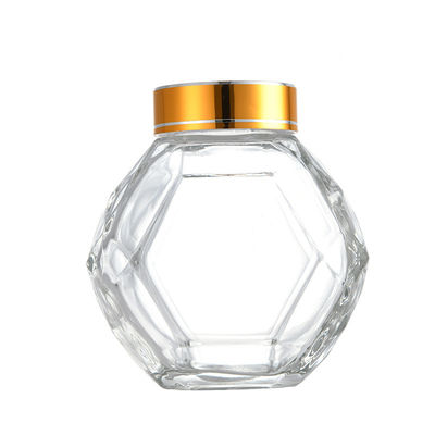 satın al Altın Gümüş Kırmızı Siyah Metal Kapaklı 200ML 380ML Cam Altıgen Bal Şişesi Çevrimiçi üretim